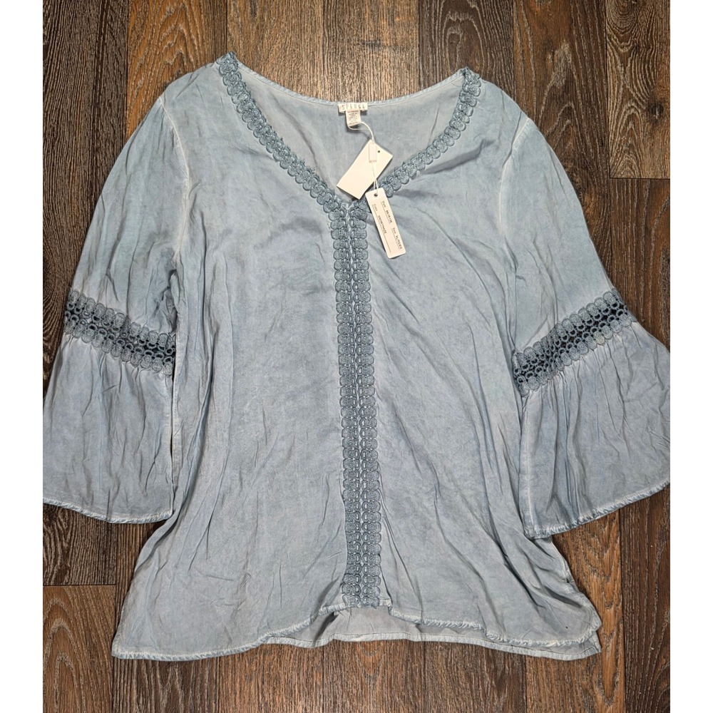 Spense Snowy Haze Blue Crochet Lace Trim Bell Sleeve Boho Blouse XL